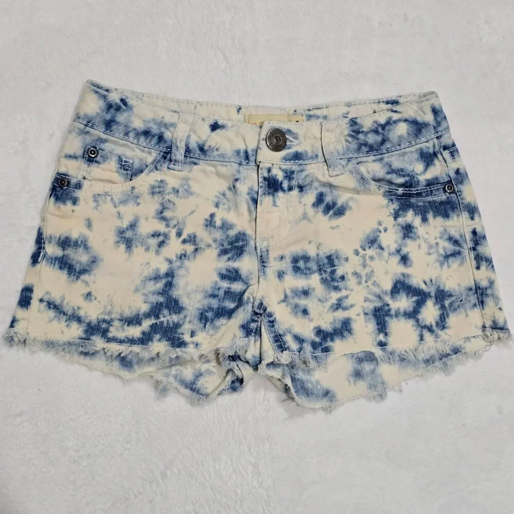 Mudd Girls Blue White Tie Dye Raw Hem Adjustable Waist Denim Shorts Excellent 8